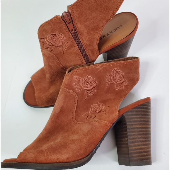 Lucky Brand Women's S 9M Listana Suede Embroidered Peep Toe Burnt Orange Booties - Picture 14 of 14